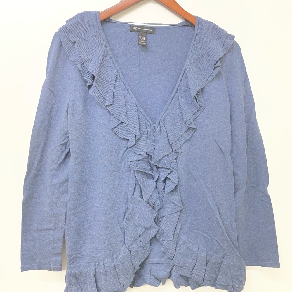 INC International Concepts Blue Ruffle Cardigan Sweater Women’s Size L